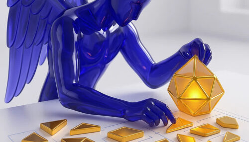 فیگور بالدار شیشه‌ای بنفش، بدون نوشته، در حال کالبدشکافی یک شکل هندسی پیچیده طلایی و چیدن اجزای آن به شکل یک نقشه، نماد فاز تحلیل و معماری سیستم MiladHR.