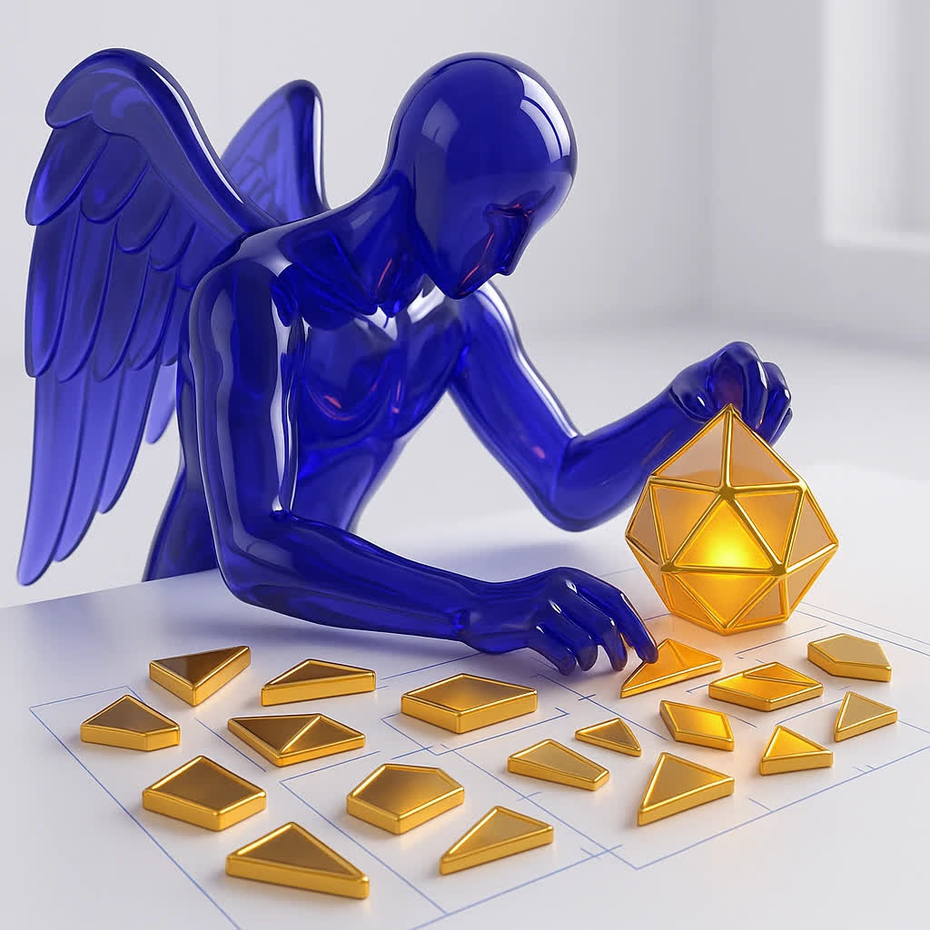 فیگور بالدار شیشه‌ای بنفش، بدون نوشته، در حال کالبدشکافی یک شکل هندسی پیچیده طلایی و چیدن اجزای آن به شکل یک نقشه، نماد فاز تحلیل و معماری سیستم MiladHR.