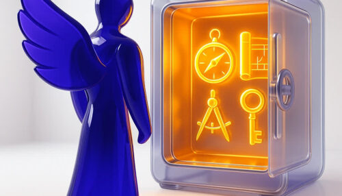 فیگور بالدار شیشه‌ای بنفش، بدون نوشته، در حال گشودن یک گاوصندوق کریستالی است که از درون آن نور طلایی و ابزارهای استراتژیک مانند قطب‌نما و نقشه نمایان است، نماد گنجینه استراتژیک MILADHR.IR.