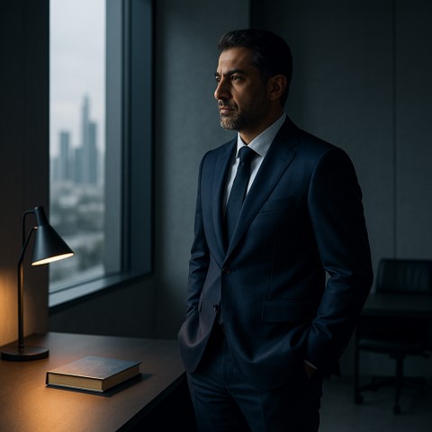 مدیرعامل ایرانی در حال تفکر استراتژیک برای افزایش بهره وری تیم با استفاده از اصول کتاب هوش هیجانی