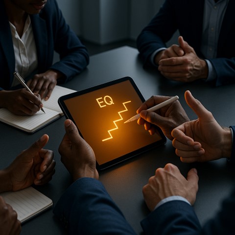 نمایی از دست‌های اعضای تیم در حال ترسیم ۵ اصل هوش هیجانی برای افزایش همکاری و بهره‌وری تیم