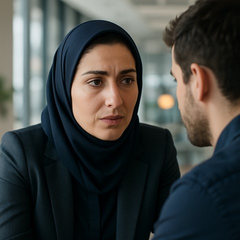 مدیر زن در حال گوش دادن همدلانه به عضو تیم برای حل مشکلات و بهبود عملکرد بر اساس هوش هیجانی