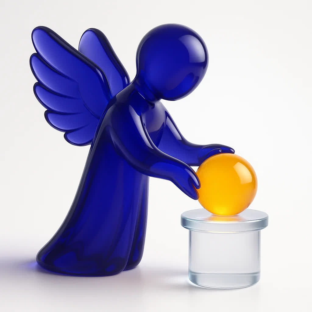 “فیگور بالدار شیشهای بنفش کره طلایی را بر سکوی شفاف قرار میدهد، نماد استراحت و فاصلهگیری از کار افراطی”