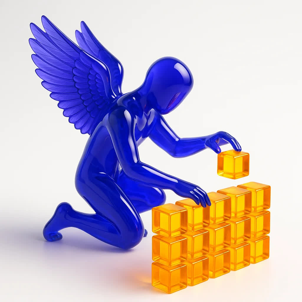 فیگور بالدار شیشهای بنفش مکعبهای طلایی را بهطور کامل در شبکهای منظم میچیند، نماد نظم مطلق”