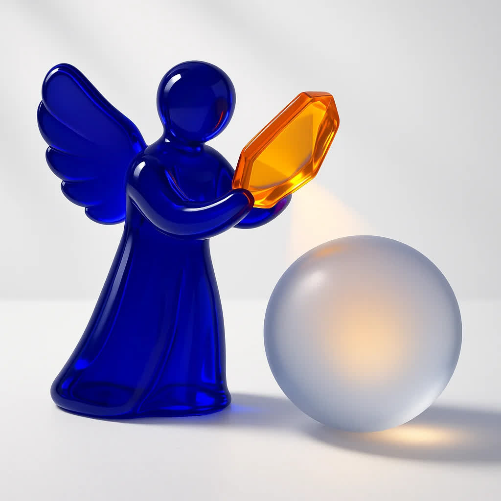 فیگور بالدار شیشهای بنفش با عدسی کریستالی طلایی یک کره مهآلود را روشن میکند، نماد شفافسازی اثرات عملکردی”