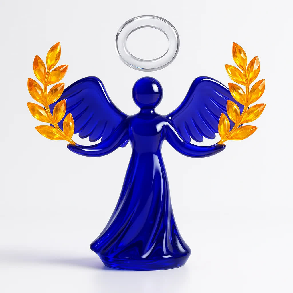 فیگور بالدار شیشهای بنفش حلقه کریستالی و برگهای طلایی را در تعادل نگه میدارد، نماد همسوسازی فردگرایی با همکاری”