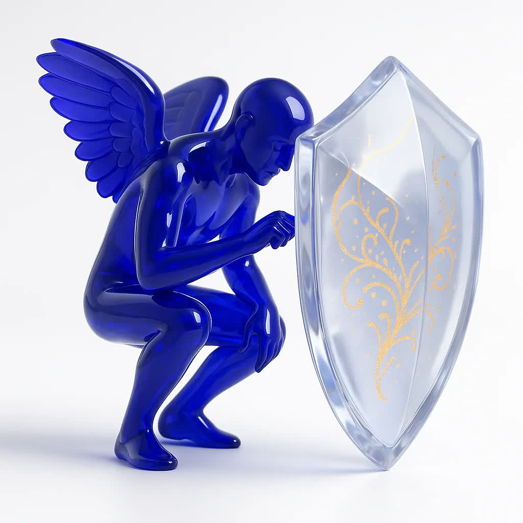 “فیگور بالدار شیشهای بنفش سپر کریستالی را با الگوهای طلایی بررسی میکند، نماد هوشیاری و ریسکسنجی