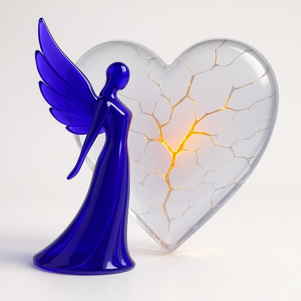 🧩 Alt Text: «فیگور بالدار شیشه‌ای بنفش مقابل قلب شیشه‌ای ترک‌خورده در حال ترمیم با نور نارنجی طلایی، نماد بازسازی اعتماد در تیم MILADHR.IR»