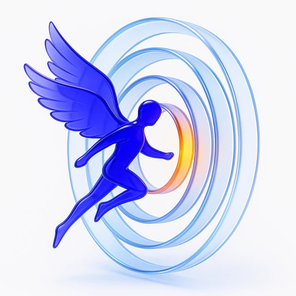 🧩 Alt Text: «فیگور بالدار شیشه‌ای در میان حلقه‌های شفاف در حال گردش، با نور طلایی مرکزی، نماد اجرای چابک و مدل OODA در تیم‌های MILADHR.IR»