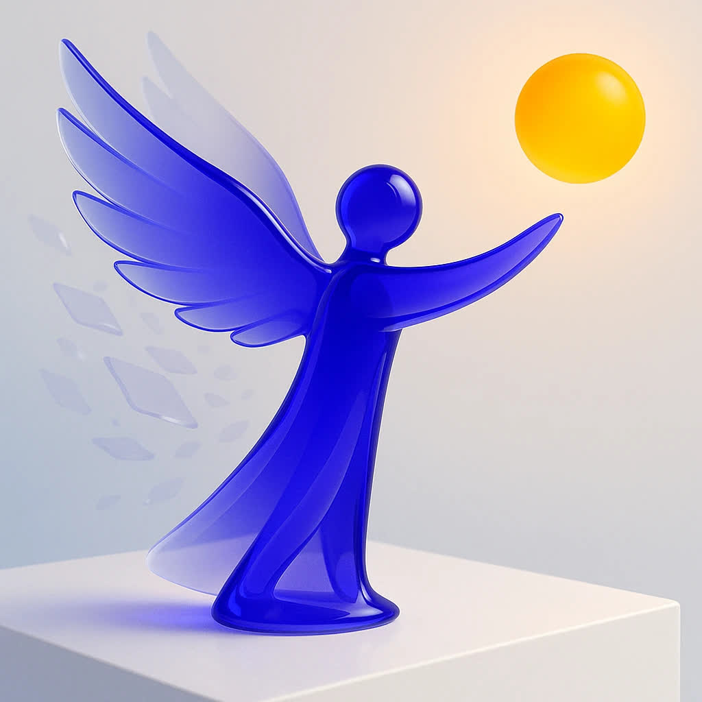 🧩 Alt Text: «فیگور شیشه‌ای بالدار در حال گسترش بال‌ها به سوی کره طلایی دوردست، نماد تمرکز از بحران داخلی به مأموریت بیرونی‌ در تیم MILADHR.IR»